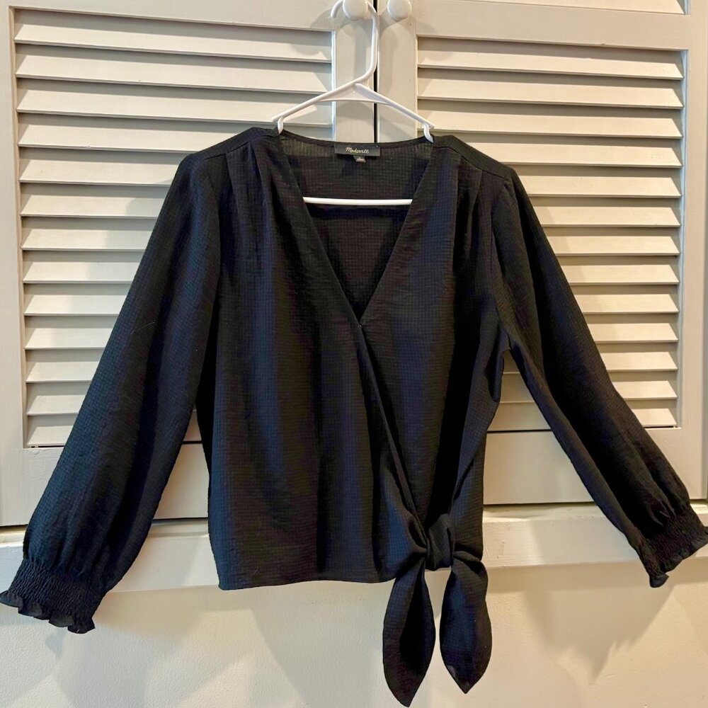 Madewell black long-sleeve wrap blouse with front tie,  size small